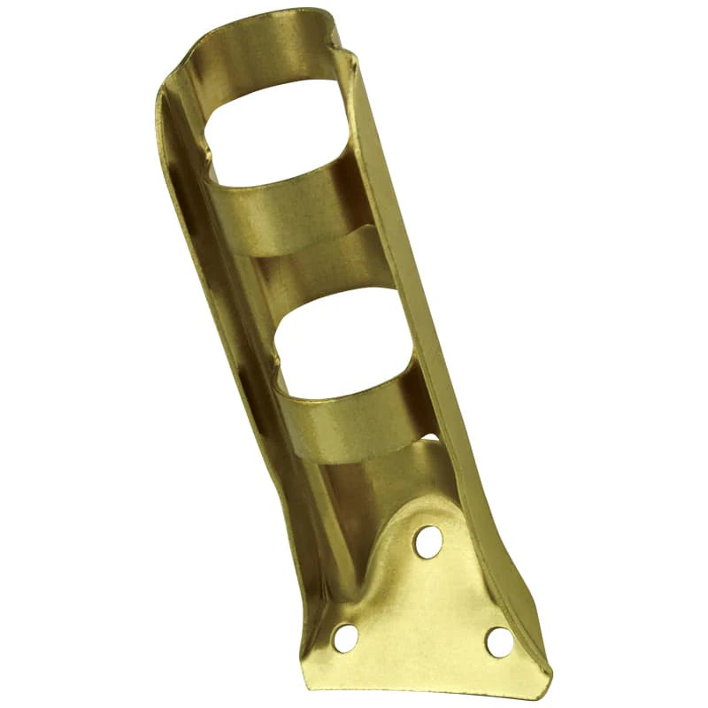 Load image into Gallery viewer, Brass-plated Stamped Steel Bracket angled for house mounting, featuring three mounting holes on the base plate.
