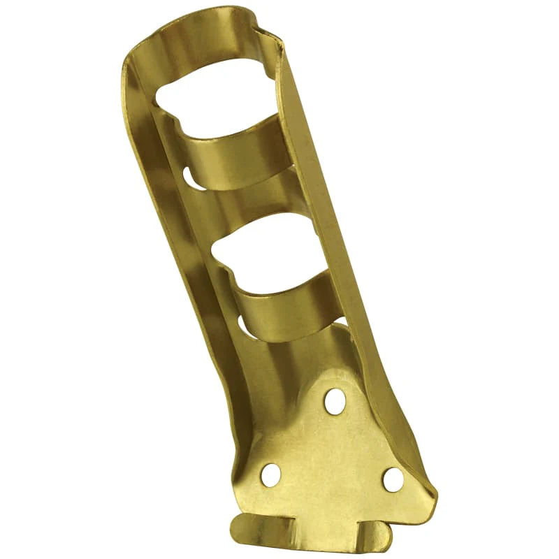 Load image into Gallery viewer, Brass-plated Stamped Steel Bracket with openings for two flags and a three-hole triangular pattern on the base plate.
