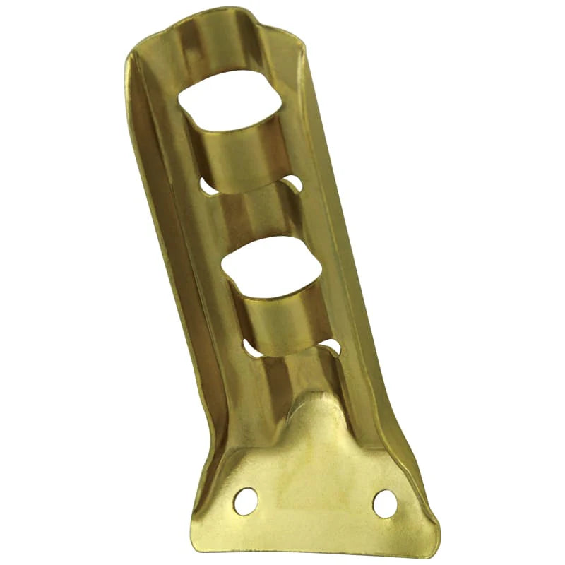 Load image into Gallery viewer, Brass-plated Stamped Steel Bracket with two round openings for flags and two mounting screw holes at the base.
