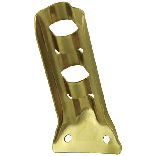 Brass-plated Stamped Steel Bracket with two round openings for flags and two mounting screw holes at the base.