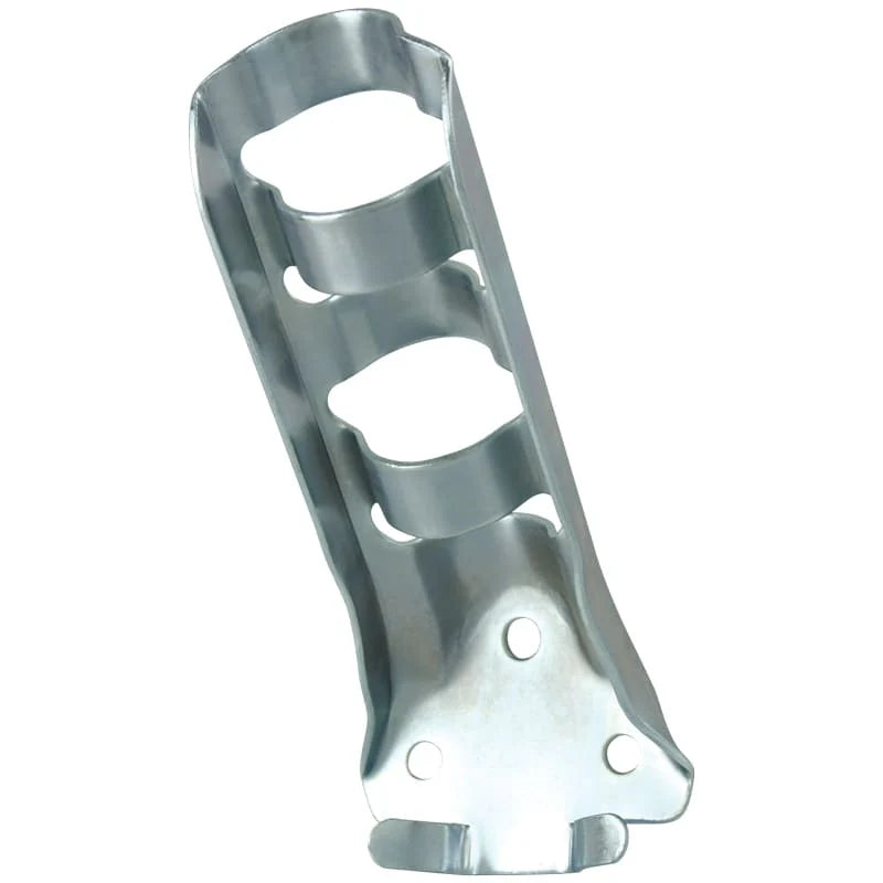 Load image into Gallery viewer, Galvanized silver Stamped Steel Bracket with openings for two flags, and three attachment points on the base plate.
