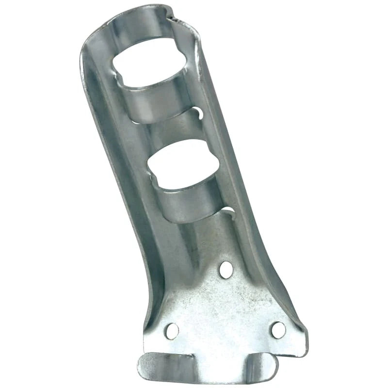 Load image into Gallery viewer, Galvanized silver Stamped Steel Bracket with holes for two flagpoles and a three-hole pattern for wall mounting.
