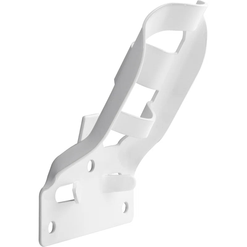 Load image into Gallery viewer, Galvanized White Stamped Steel Bracket with holes for two flagpoles and a three-hole pattern for wall mounting.
