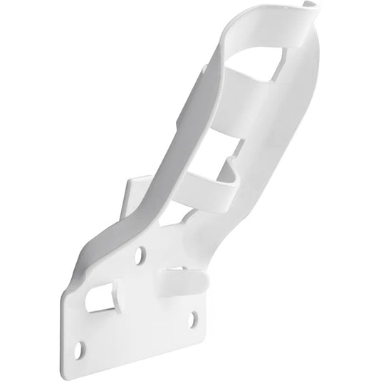 Galvanized White Stamped Steel Bracket with holes for two flagpoles and a three-hole pattern for wall mounting.