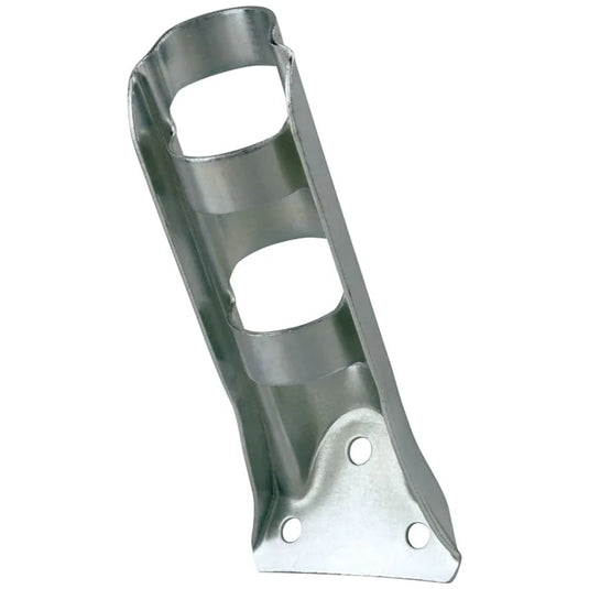 Galvanized silver Stamped Steel Bracket angled for porch mounting, featuring a three-hole triangular pattern at the base.
