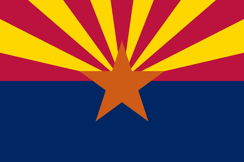 Load image into Gallery viewer, High-quality ceremonial Indoor Flag of Arizona, featuring the upper half composed of thirteen alternating red and gold sun rays and a lower navy blue field. The flag is centered with a striking five-pointed copper star, symbolizing the state's natural resource wealth.
