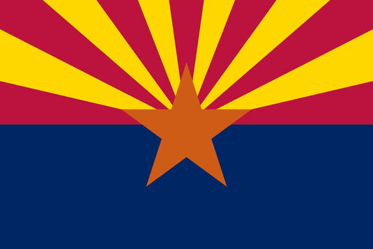 High-quality ceremonial Indoor Flag of Arizona, featuring the upper half composed of thirteen alternating red and gold sun rays and a lower navy blue field. The flag is centered with a striking five-pointed copper star, symbolizing the state's natural resource wealth.