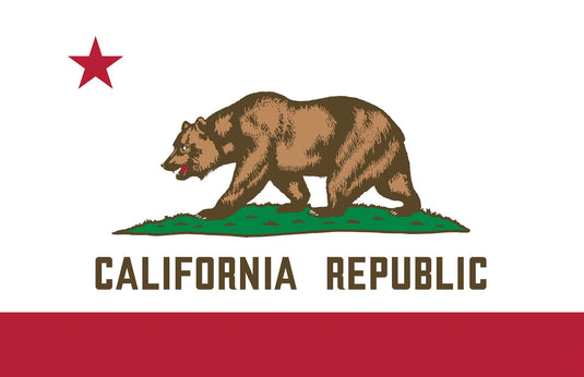 High-quality ceremonial Indoor Flag of California (The Bear Flag), featuring a bold, digitally printed brown Grizzly bear walking on green ground. The flag includes a prominent red star in the upper hoist and a wide red stripe along the bottom, with the phrase 
