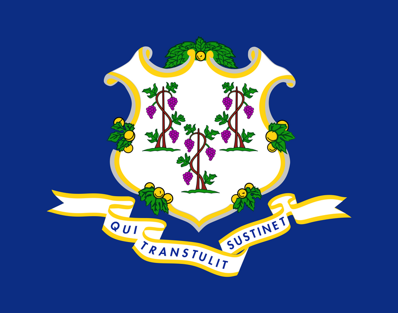 Load image into Gallery viewer, High-quality ceremonial Indoor Flag of Connecticut on a bold indigo blue field. The centered white baroque shield displays three grapevines with ripe fruit and is underlined by a golden yellow scroll bearing the state motto, "QUI TRANSTULIT SUSTINET."
