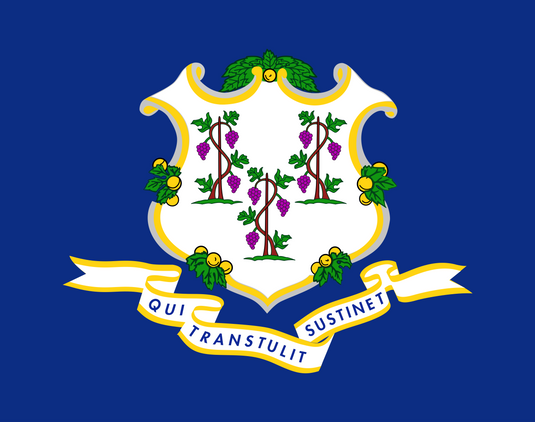 High-quality ceremonial Indoor Flag of Connecticut on a bold indigo blue field. The centered white baroque shield displays three grapevines with ripe fruit and is underlined by a golden yellow scroll bearing the state motto, 