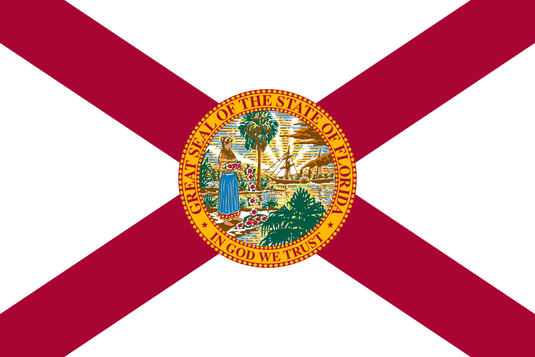 Florida state flag featuring a red diagonal cross on a white background with the state seal centered, showing a Seminole woman, palm trees, and a sunrise.
