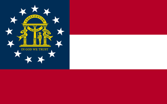 Georgia state flag featuring three horizontal red, white, and red stripes with a blue canton containing a gold arch and thirteen white stars encircling the state motto.