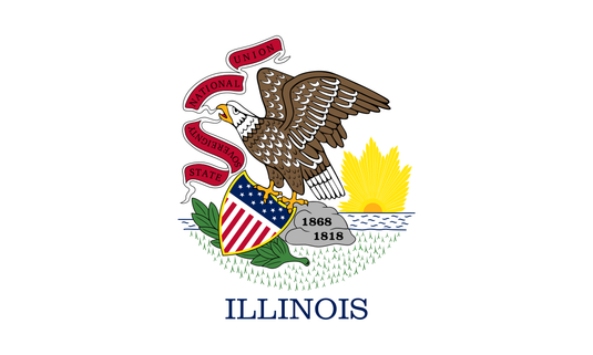 Illinois state flag featuring a bald eagle holding a red banner with the state motto above a shield, with “ILLINOIS” written below on a white background.