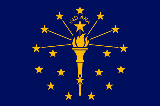 Indiana state flag with a gold torch surrounded by nineteen stars on a blue background, symbolizing liberty and enlightenment.