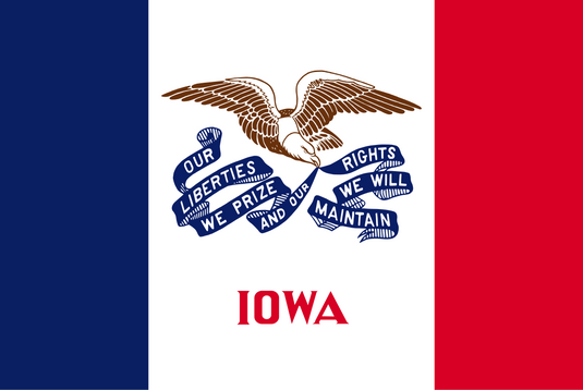 Iowa state flag with vertical blue, white, and red stripes, featuring a bald eagle holding a blue ribbon that reads “Our liberties we prize and our rights we will maintain.”
