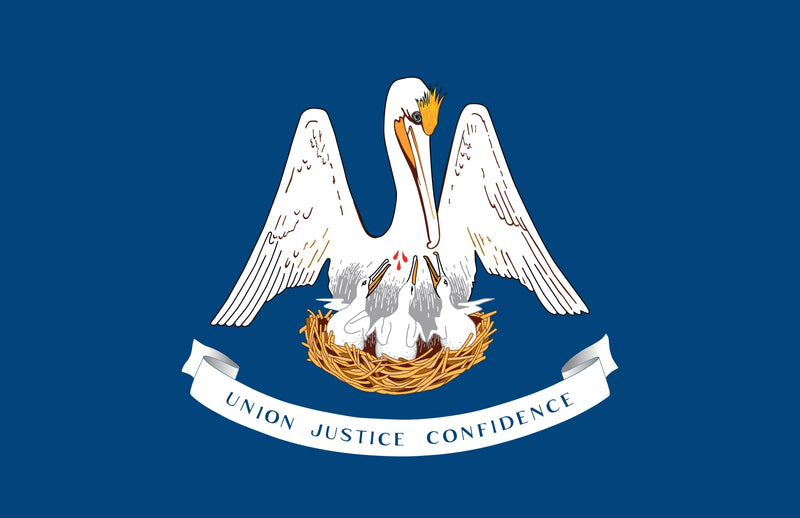 Load image into Gallery viewer, Louisiana state flag featuring a pelican feeding her chicks with her own blood above a banner reading “Union, Justice, Confidence” on a blue background.
