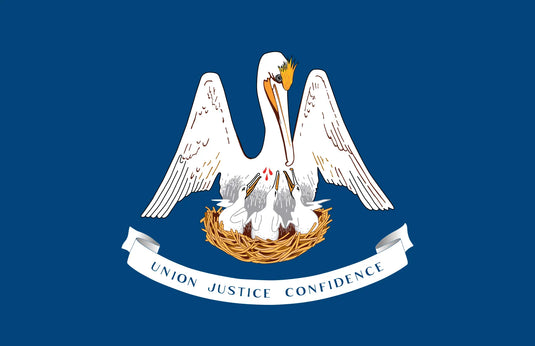 Louisiana state flag featuring a pelican feeding her chicks with her own blood above a banner reading “Union, Justice, Confidence” on a blue background.