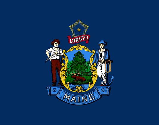Maine state flag featuring the state coat of arms with a moose, pine tree, farmer, sailor, and a banner reading “Dirigo” and “Maine” on a dark blue background.