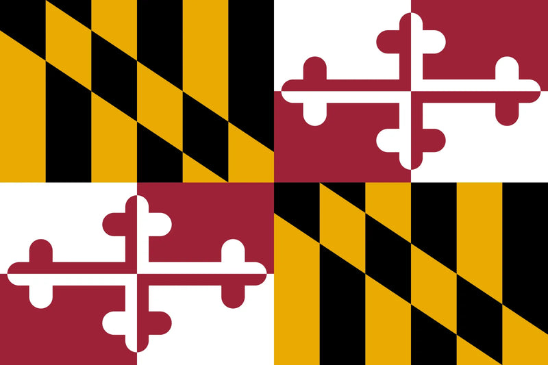 Load image into Gallery viewer, Maryland state flag with alternating black and gold Calvert family chevrons and red and white Crossland crosses in a bold quartered pattern.
