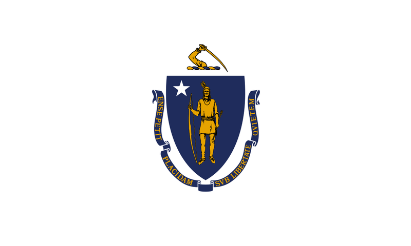Load image into Gallery viewer, Massachusetts state flag featuring a blue shield with a Native American holding a bow and arrow beneath a white star, topped by an arm wielding a sword on a white field.
