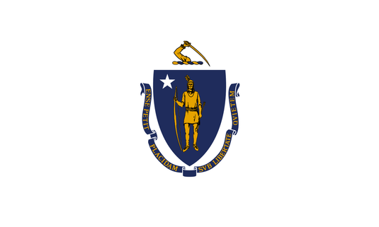 Massachusetts state flag featuring a blue shield with a Native American holding a bow and arrow beneath a white star, topped by an arm wielding a sword on a white field.