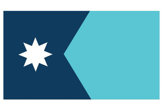 Minnesota state flag with a modern design featuring a white eight-pointed star on a dark blue field and a light blue shape extending from the center to the right side.