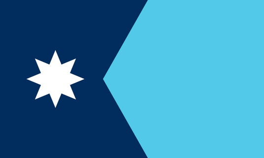 Minnesota state flag with a modern design featuring a white eight-pointed star on a dark blue field and a light blue shape extending from the center to the right side.