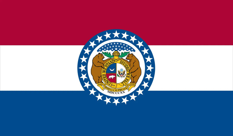 Load image into Gallery viewer, Missouri state flag with red, white, and blue horizontal stripes featuring the state seal in the center surrounded by a ring of white stars.
