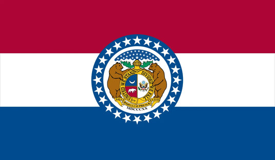Missouri state flag with red, white, and blue horizontal stripes featuring the state seal in the center surrounded by a ring of white stars.