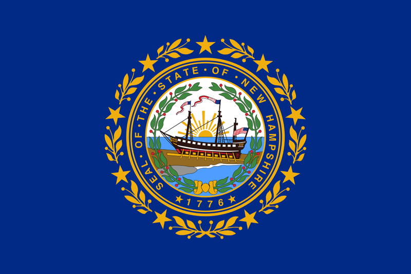 Load image into Gallery viewer, New Hampshire state flag with the state seal centered on a blue background, featuring the ship Raleigh surrounded by laurel leaves and stars with the year 1776.
