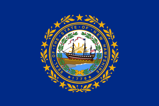 New Hampshire state flag with the state seal centered on a blue background, featuring the ship Raleigh surrounded by laurel leaves and stars with the year 1776.