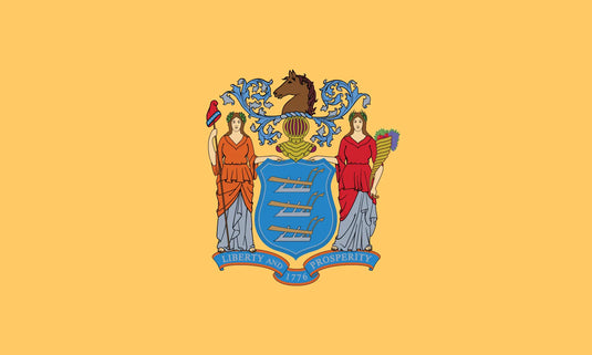 New Jersey state flag with a buff background featuring the state coat of arms—two female figures flanking a blue shield, topped by a horse’s head crest and banner reading “Liberty and Prosperity 1776.”