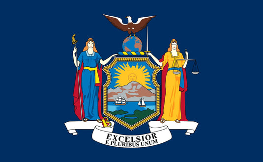 New York state flag with a dark blue background featuring the state coat of arms—Lady Liberty and Justice flanking a shield with mountains and ships, topped by an eagle and banner reading “Excelsior.”