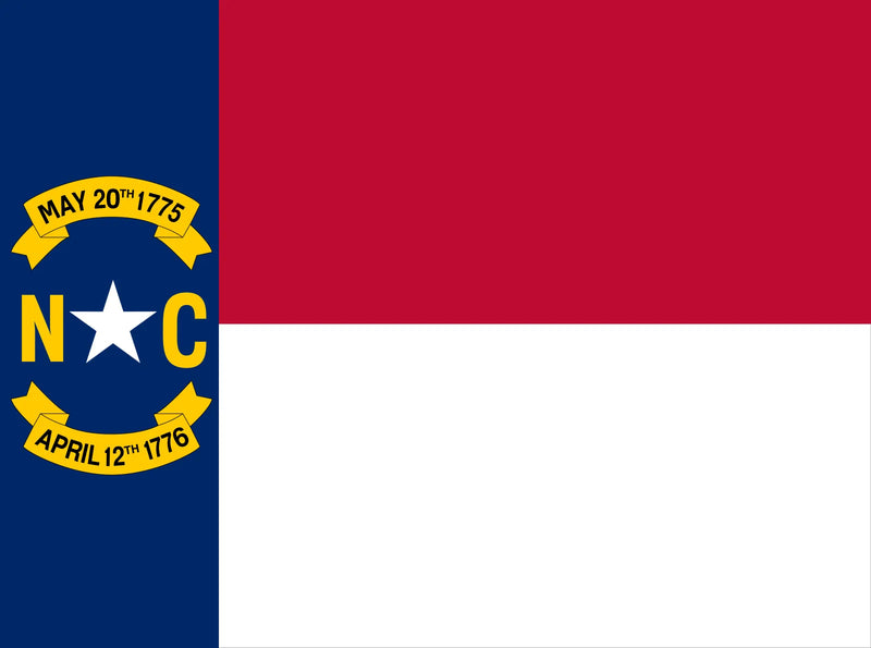 Load image into Gallery viewer, North Carolina state flag with a blue vertical stripe and red-over-white horizontal stripes, featuring a white star, “N C,” and gold banners reading “May 20th, 1775” and “April 12th, 1776.”

