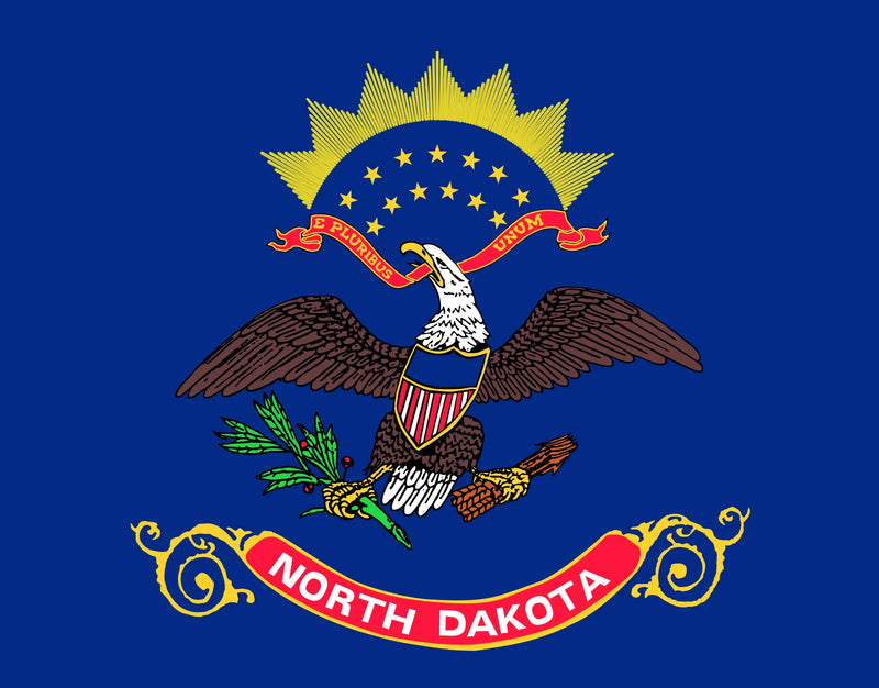 Load image into Gallery viewer, North Dakota state flag featuring a bald eagle holding olive branches and arrows beneath a red banner reading “E Pluribus Unum,” with a sunburst and blue field bearing the words “North Dakota.”

