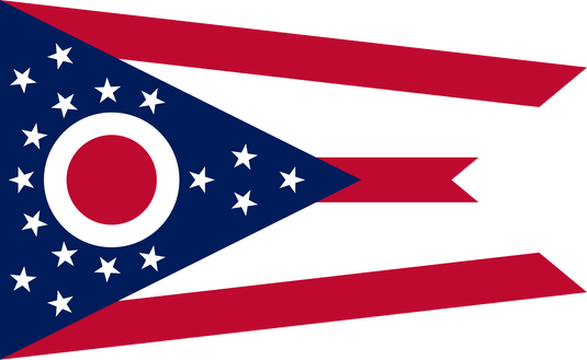 Ohio state flag with a unique swallowtail design, featuring red and white stripes, a blue triangle with white stars, and a red circle surrounded by a white “O” shape symbolizing the state’s initial.