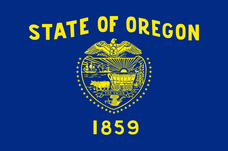 Load image into Gallery viewer, Oregon state flag featuring a navy-blue field with a gold state seal displaying an eagle, covered wagon, mountains, and ships, with the words “State of Oregon” and the year “1859” marking its statehood.
