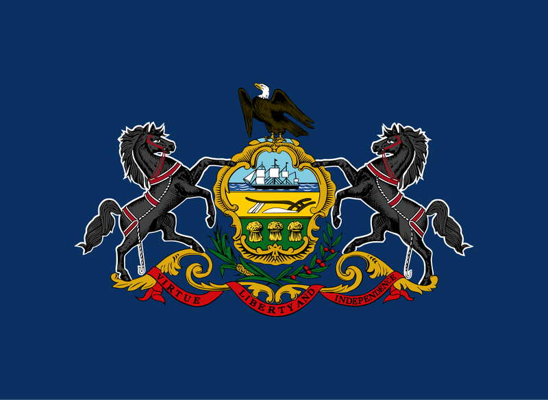 Load image into Gallery viewer, Pennsylvania state flag with a blue background featuring the state coat of arms: a shield with a ship, plow, and wheat, flanked by black horses, topped with a bald eagle, and a red ribbon reading “Virtue, Liberty and Independence.”
