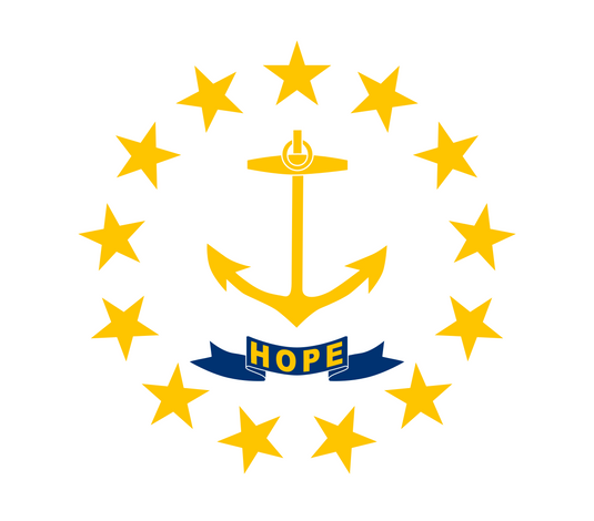Rhode Island state flag featuring a gold anchor encircled by thirteen gold stars on a white field, with a blue ribbon below the anchor inscribed with the word “Hope.”