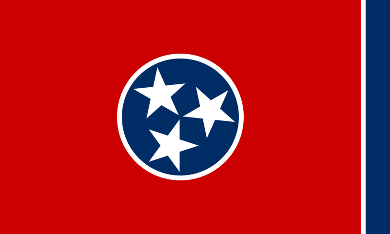 Load image into Gallery viewer, Tennessee state flag featuring three white stars inside a blue circle on a red field, symbolizing the state’s three regions, with a vertical blue stripe on the right edge.

