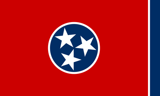 Tennessee state flag featuring three white stars inside a blue circle on a red field, symbolizing the state’s three regions, with a vertical blue stripe on the right edge.