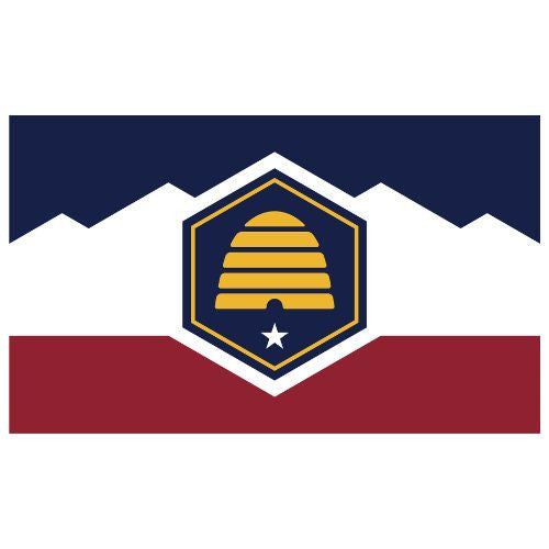 Utah state flag featuring a stylized beehive symbolizing industry, with a white star below and a blue, white, and red field representing unity and heritage.
