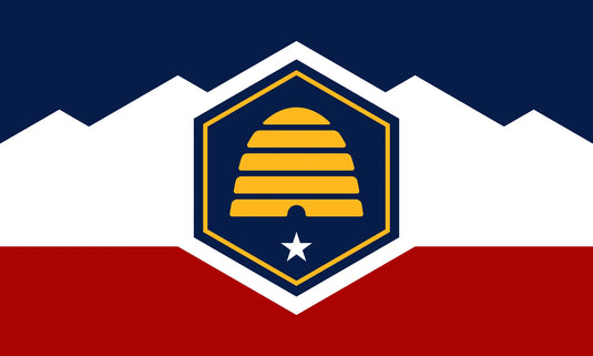 Utah state flag featuring a stylized beehive symbolizing industry, with a white star below and a blue, white, and red field representing unity and heritage.