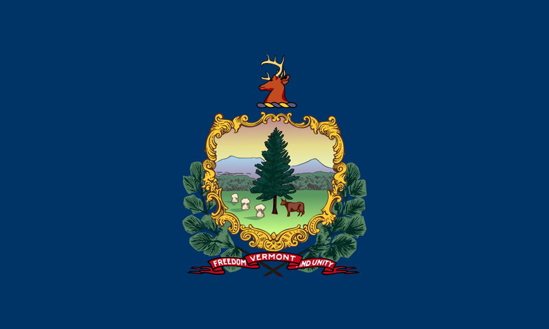 Load image into Gallery viewer, Vermont state flag displaying the state coat of arms with a pine tree, mountains, a cow, and sheaves of wheat, symbolizing natural beauty and prosperity.
