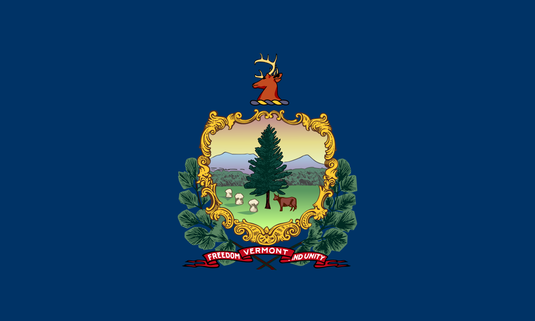 Vermont state flag displaying the state coat of arms with a pine tree, mountains, a cow, and sheaves of wheat, symbolizing natural beauty and prosperity.