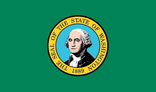 Washington state flag featuring the state seal with George Washington’s portrait centered on a green field, representing honor, growth, and the Pacific Northwest’s natural beauty.