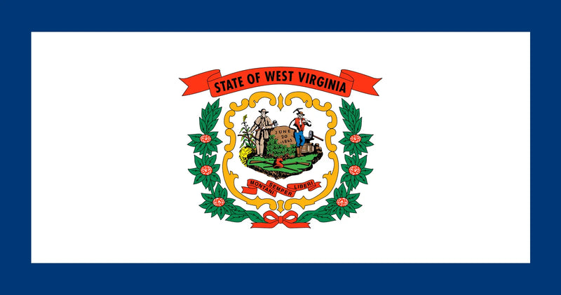 Load image into Gallery viewer, Indoor flag of West Virginia with a blue field, white canton featuring the state coat of arms, and the state name and motto.
