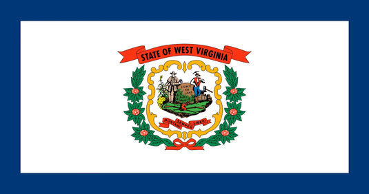 Indoor flag of West Virginia with a blue field, white canton featuring the state coat of arms, and the state name and motto.