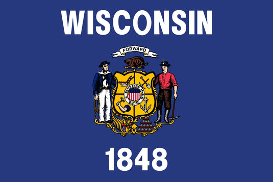 Wisconsin state flag with the state coat of arms on a blue field, the word “WISCONSIN” above, and “1848” below, symbolizing unity, industry, and the state’s year of admission to the Union.