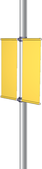 Illustration of the silver Streetview Double Banner Bracket System attached to a pole, holding two vertical yellow banners back-to-back.